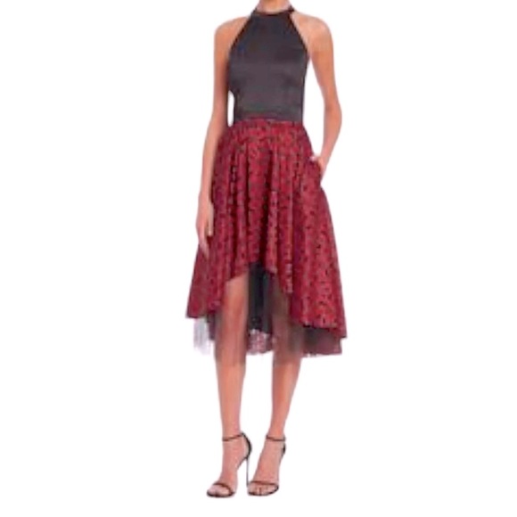 $250 ABS Lace + Tulle Hi Lo Skirt 8 Red Black Tulle Undershirt High Low Pockets - Picture 6 of 16